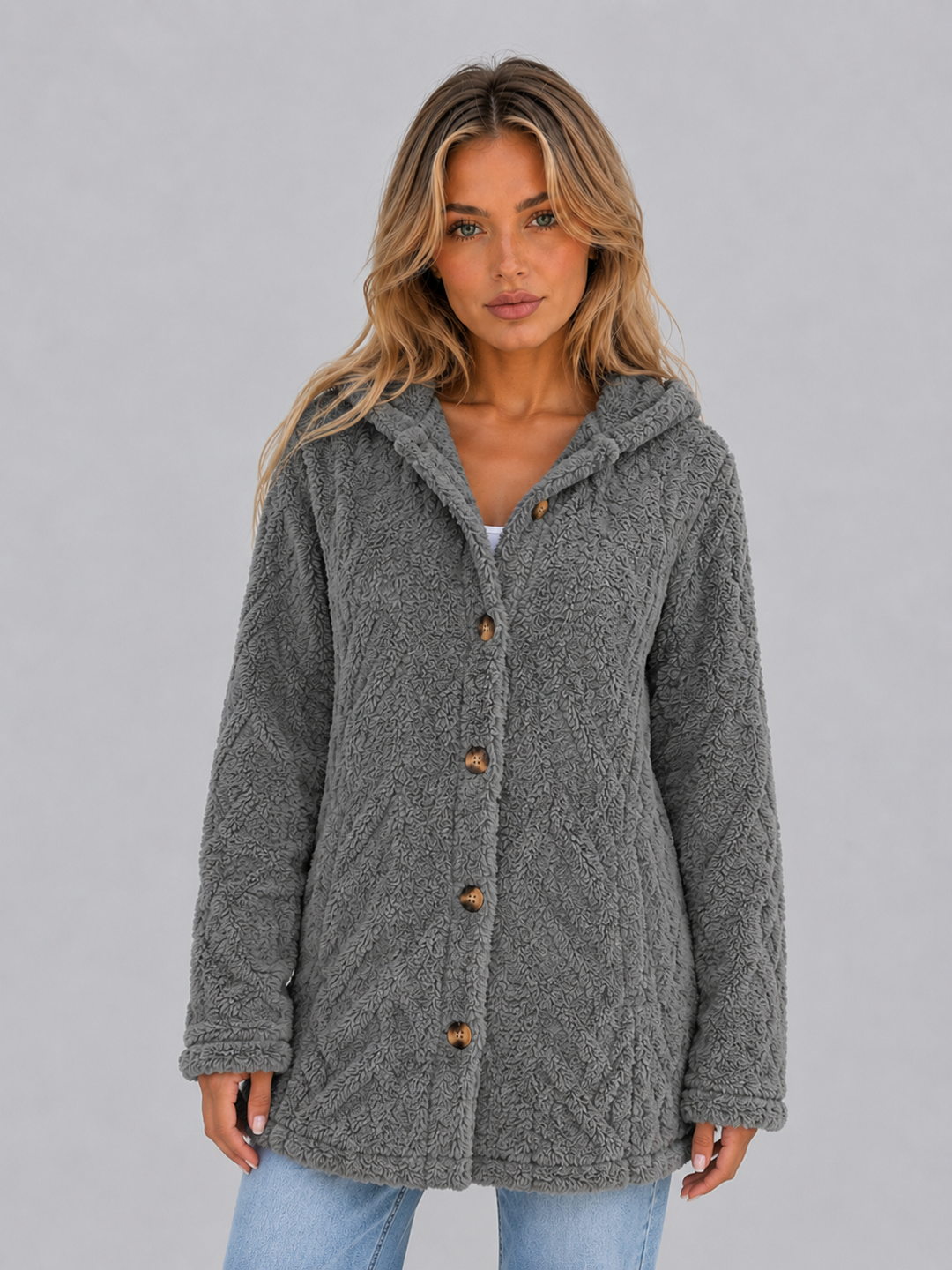 Women's Casual Plush Teddy Fleece Hooded Cardigan Jacket