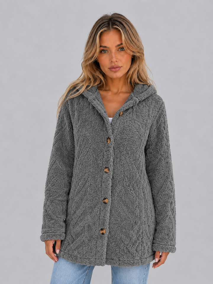 Women's Casual Plush Teddy Fleece Hooded Cardigan Jacket