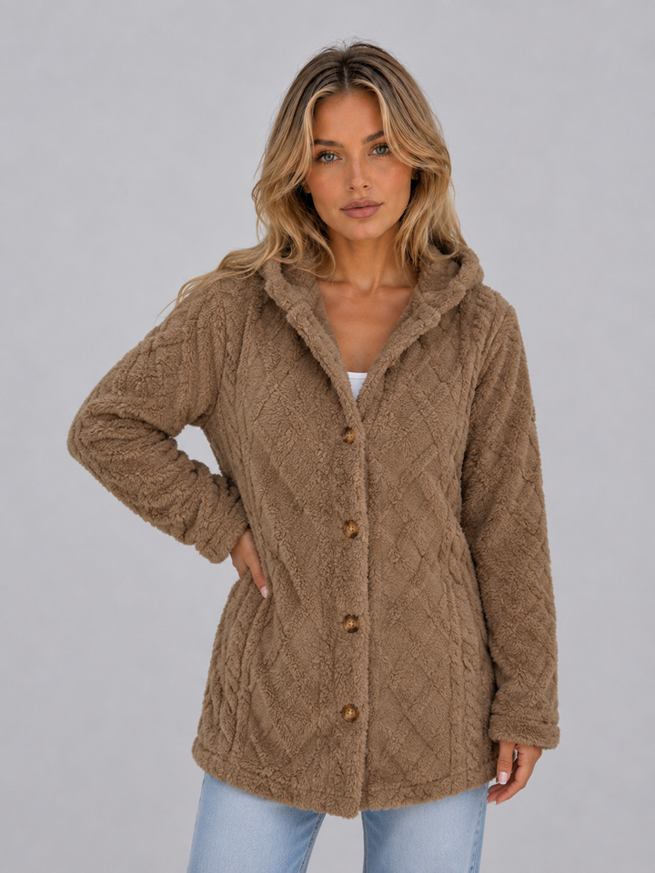 Women's Casual Plush Teddy Fleece Hooded Cardigan Jacket