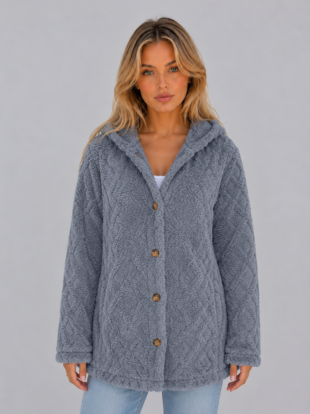 Women's Casual Plush Teddy Fleece Hooded Cardigan Jacket