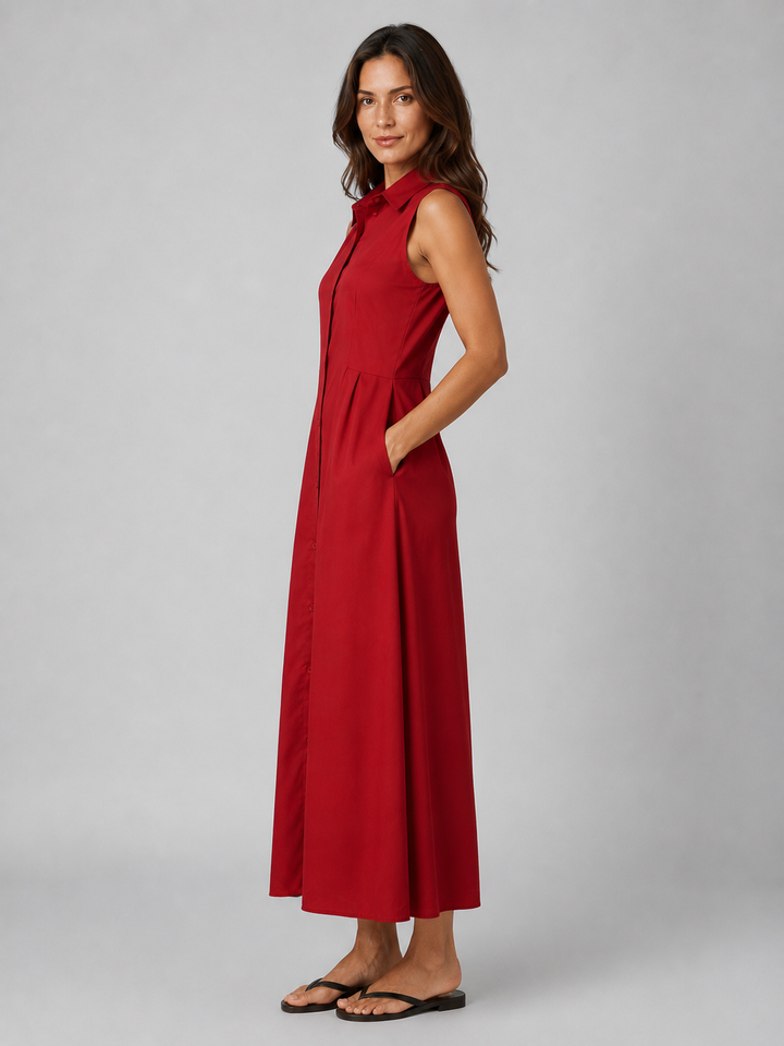 Women's Sleeveless Button-Front Cotton Maxi Shirt Dress with Pockets