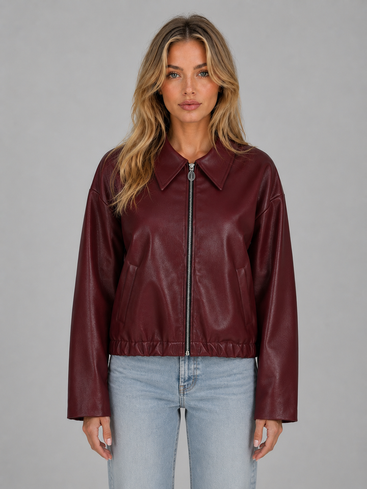 Women's Casual Leather Zip Jacket with Pockets Cropped Fit
