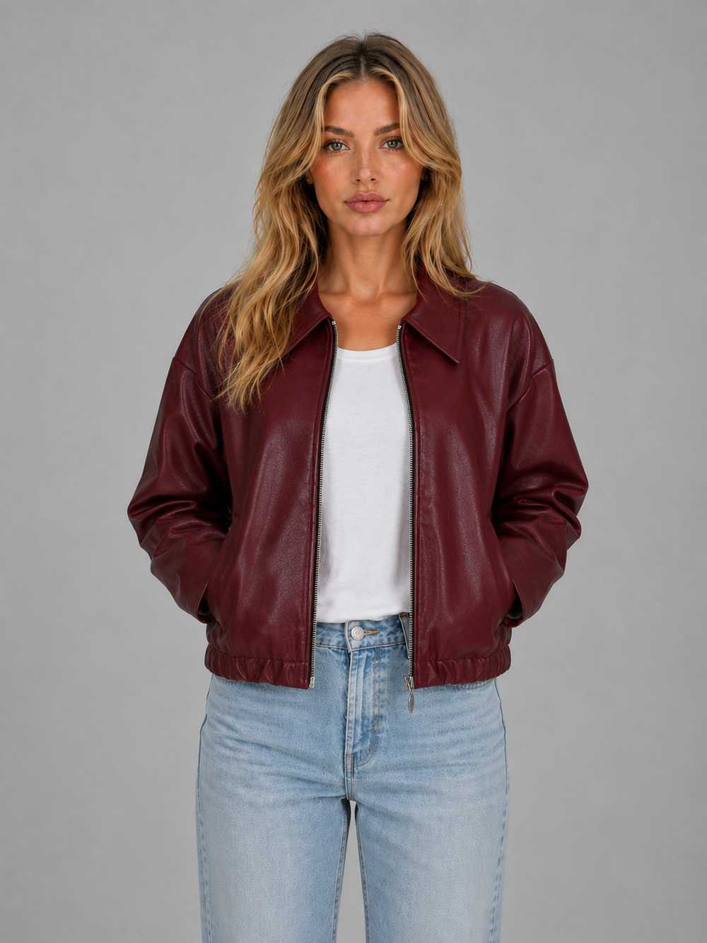 Women's Casual Leather Zip Jacket with Pockets Cropped Fit
