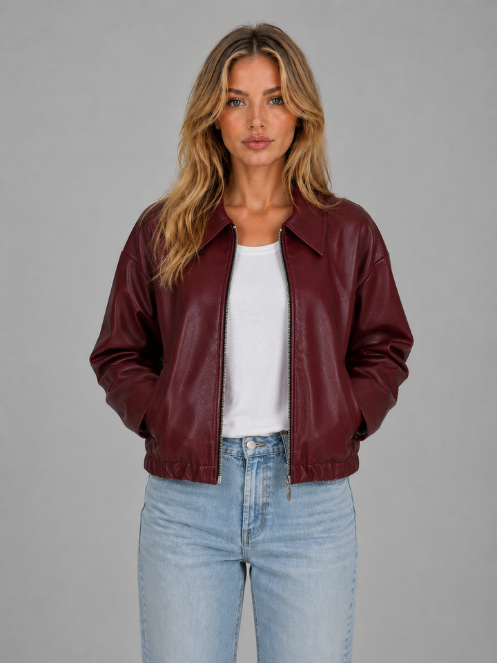 Women's Casual Leather Zip Jacket with Pockets Cropped Fit