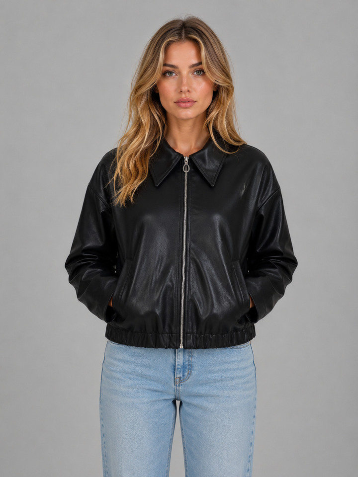 Women's Casual Leather Zip Jacket with Pockets Cropped Fit
