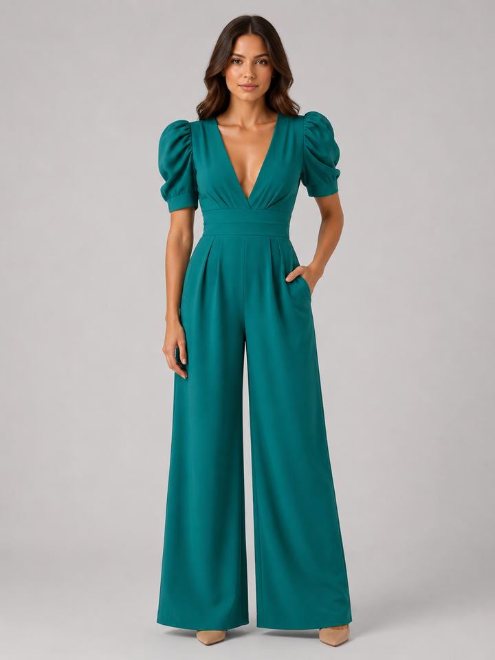 Women's Tailored Wide Leg Puff Sleeve Jumpsuit
