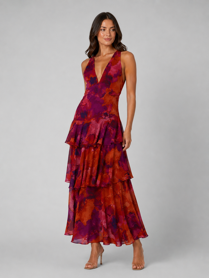 Women's Elegant V-Neck Tiered Ruffle Maxi Dress