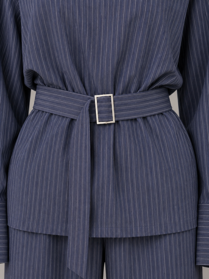 Women's Classic Pinstripe High Neck Top and Wide Leg Trousers Set