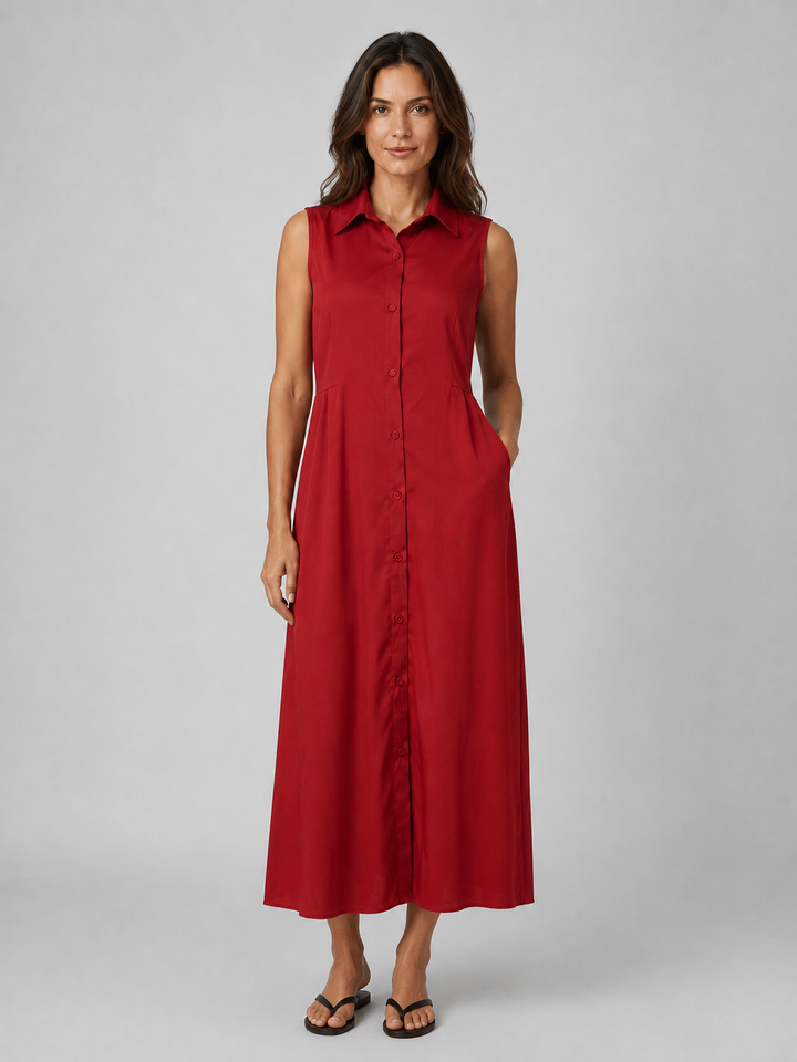 Women's Sleeveless Button-Front Cotton Maxi Shirt Dress with Pockets