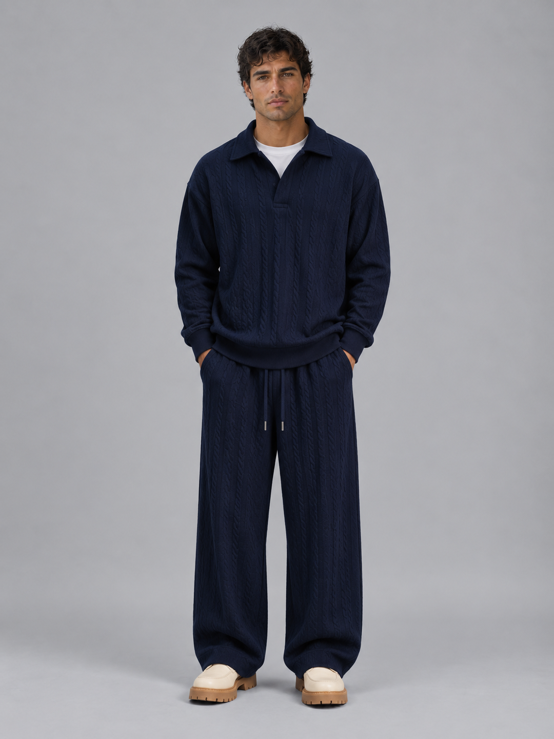 Men's Casual Cable Knit Collared Top and Wide Leg Trousers Set