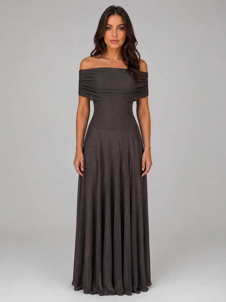 Women's Elegant Mesh Ruched Off Shoulder Maxi Dress
