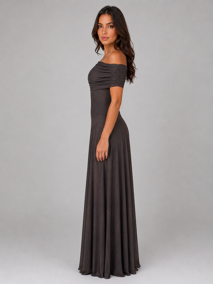 Women's Elegant Mesh Ruched Off Shoulder Maxi Dress