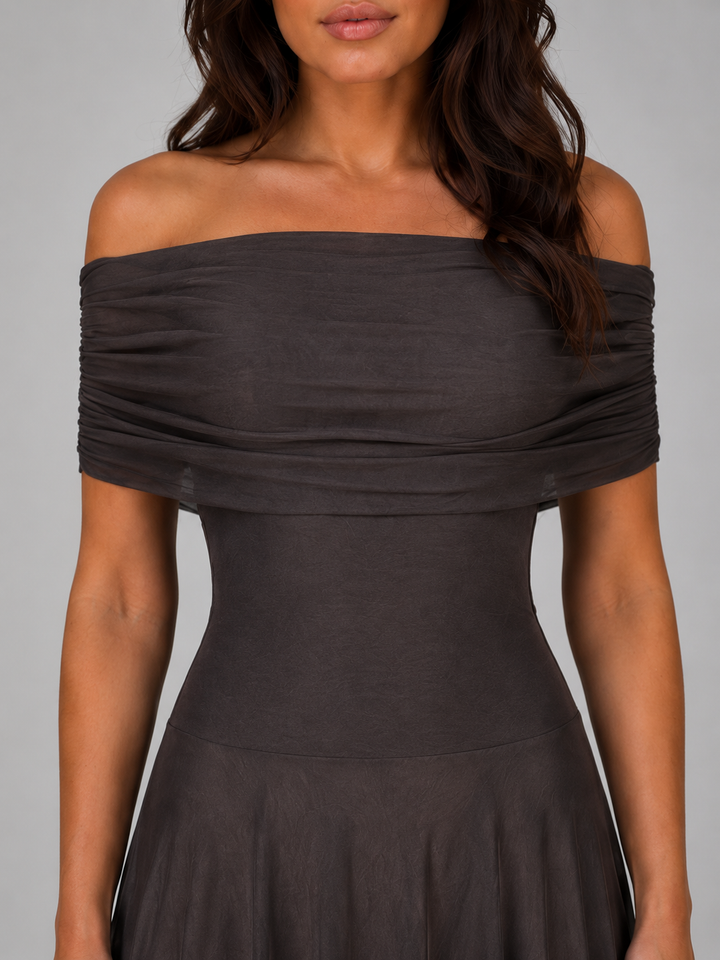 Women's Elegant Mesh Ruched Off Shoulder Maxi Dress