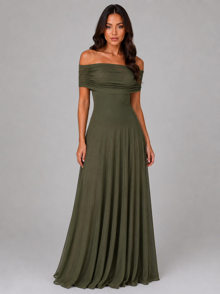 Women's Elegant Mesh Ruched Off Shoulder Maxi Dress