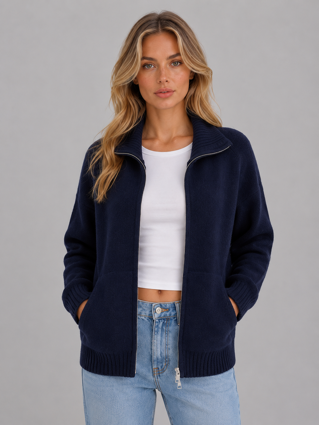 Women's Casual Soft Knit Funnel Neck Zip-Up Cardigan
