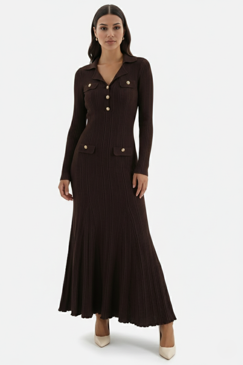 Womens Ribbed Knit Maxi Dress Polo Collar Slim Fit Mermaid Hem Long