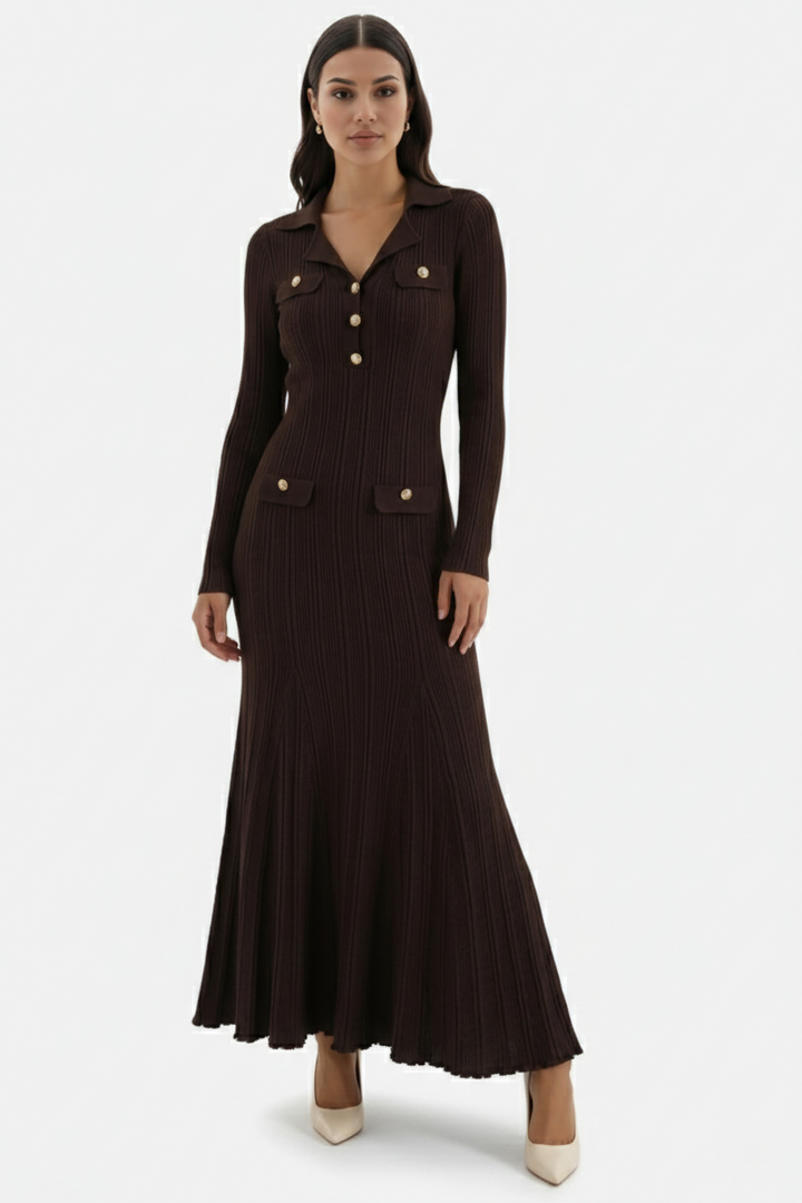 Womens Ribbed Knit Maxi Dress Polo Collar Slim Fit Mermaid Hem Long