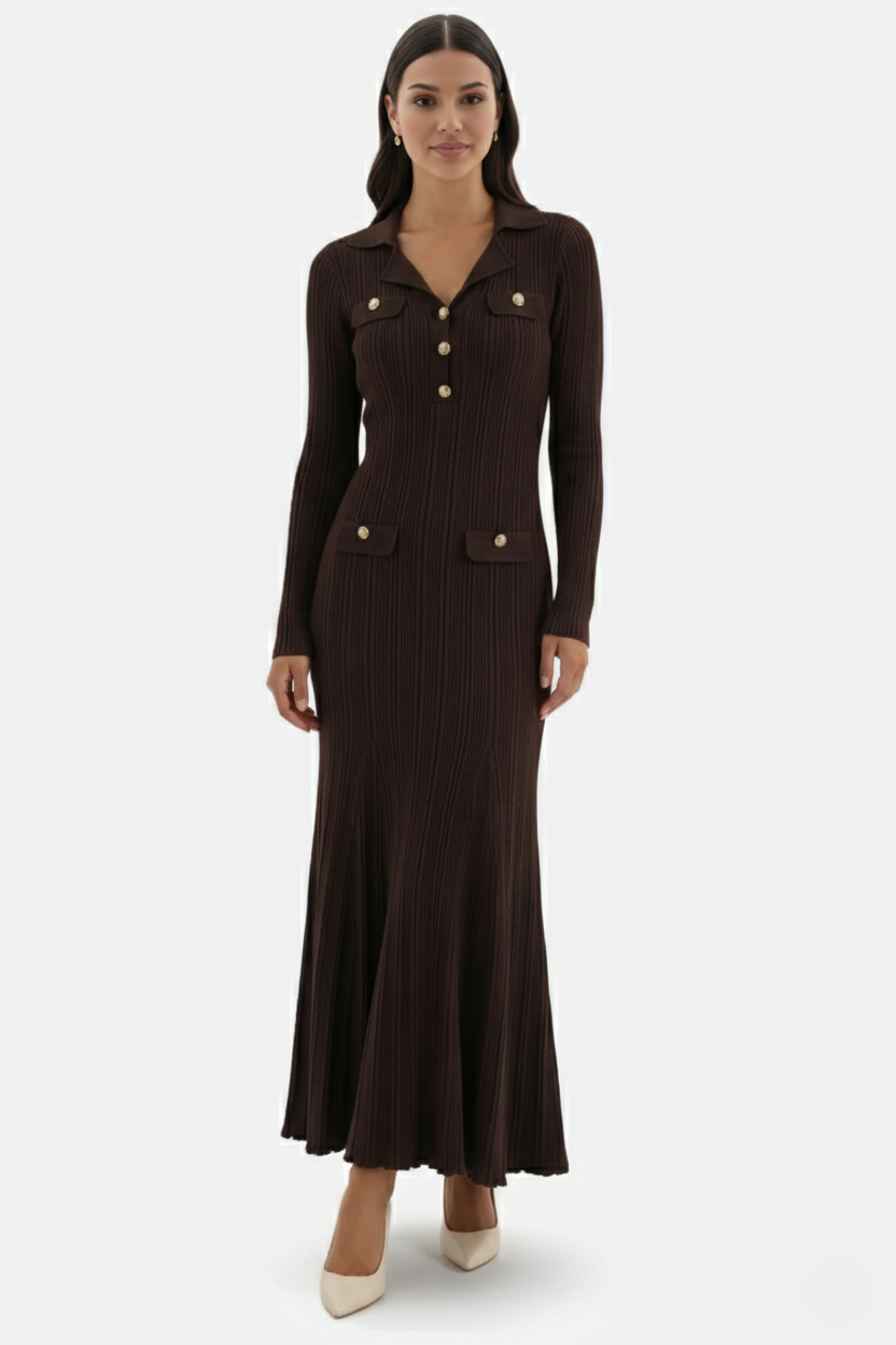 Womens Ribbed Knit Maxi Dress Polo Collar Slim Fit Mermaid Hem Long - Clovrio