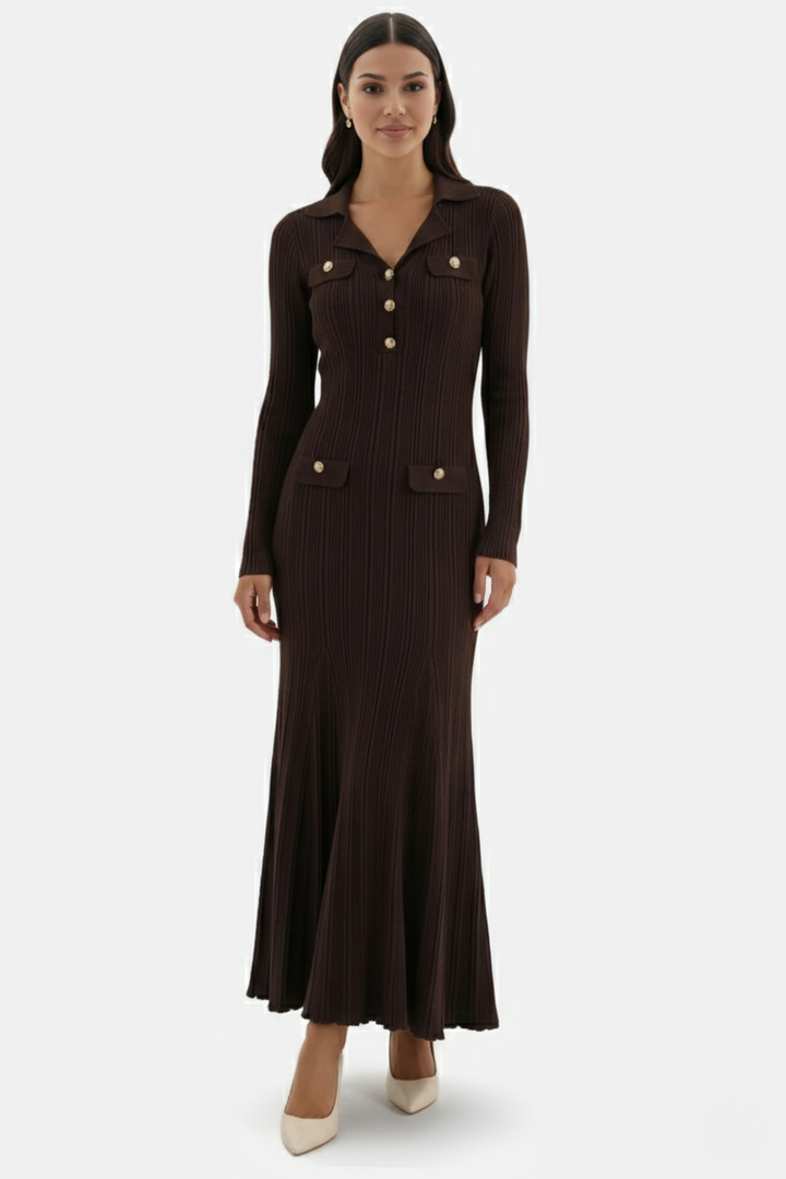 Womens Ribbed Knit Maxi Dress Polo Collar Slim Fit Mermaid Hem Long - Clovrio