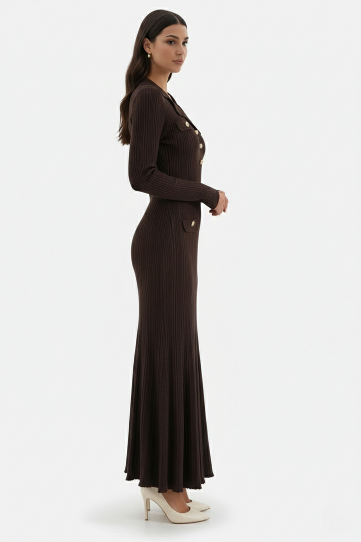 Womens Ribbed Knit Maxi Dress Polo Collar Slim Fit Mermaid Hem Long