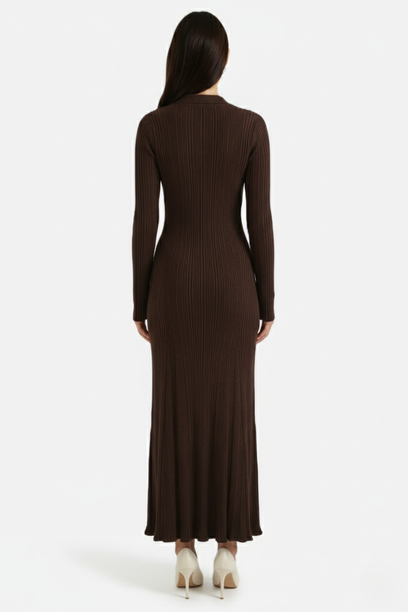 Womens Ribbed Knit Maxi Dress Polo Collar Slim Fit Mermaid Hem Long
