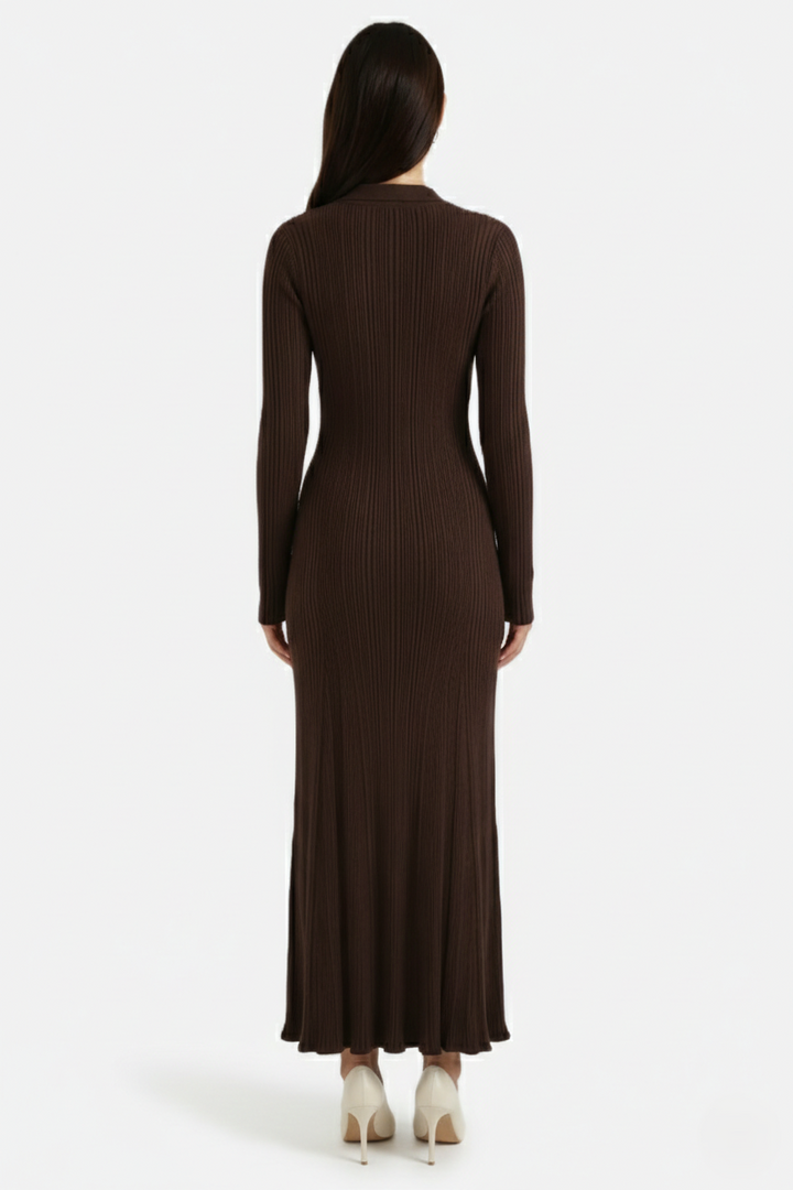 Womens Ribbed Knit Maxi Dress Polo Collar Slim Fit Mermaid Hem Long