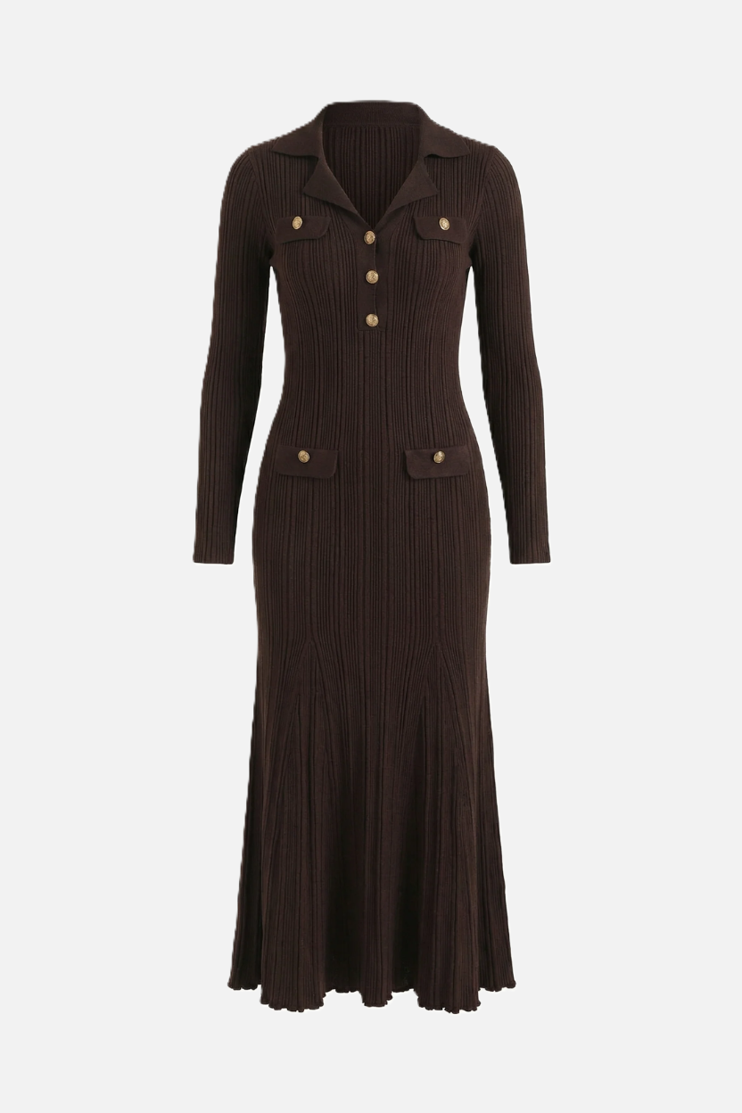 Womens Ribbed Knit Maxi Dress Polo Collar Slim Fit Mermaid Hem Long