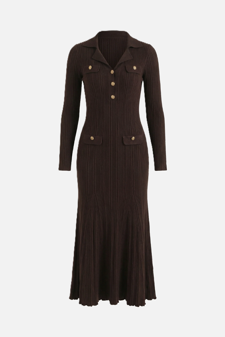 Womens Ribbed Knit Maxi Dress Polo Collar Slim Fit Mermaid Hem Long