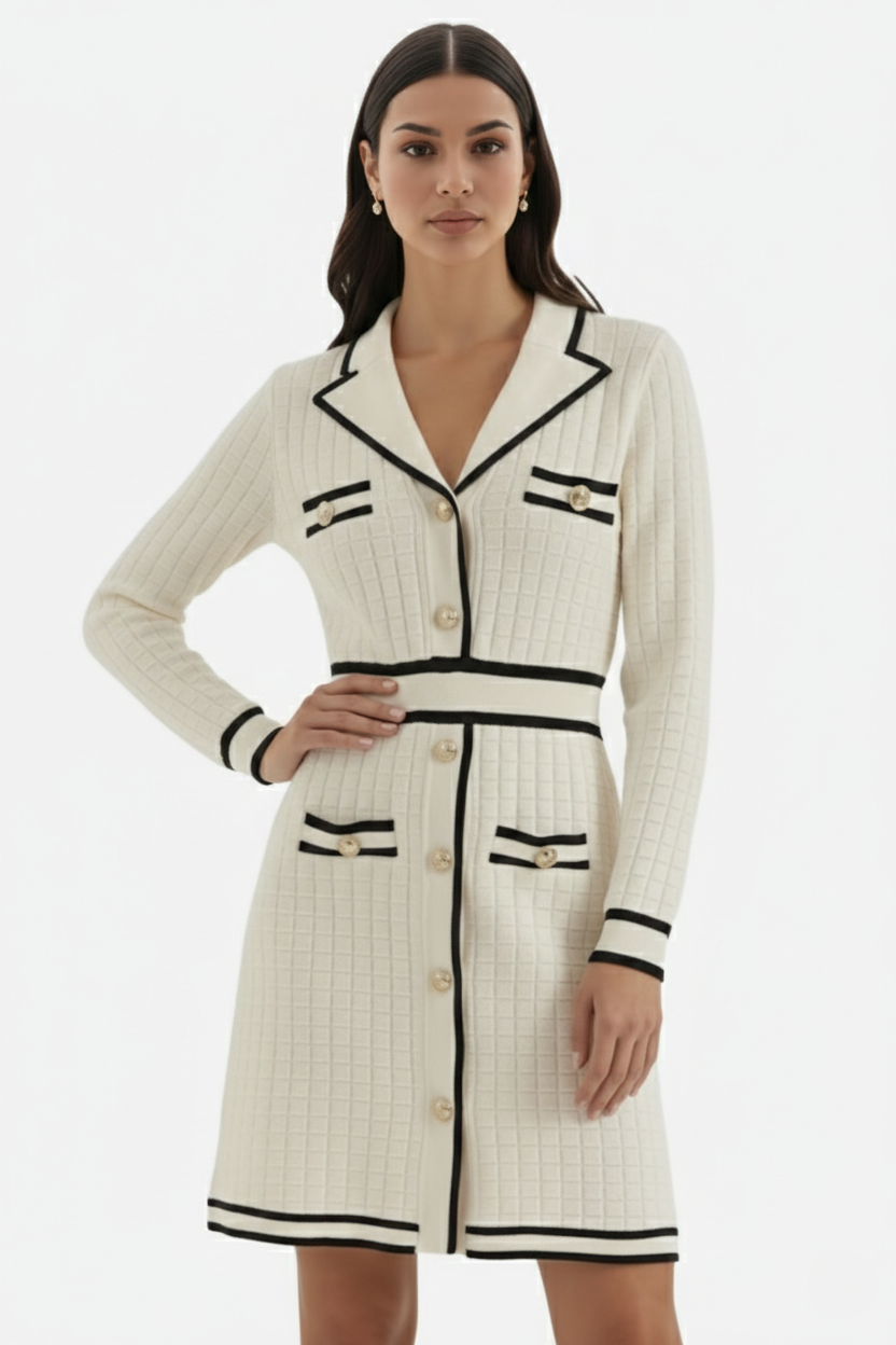 Womens Knit Cardigan Dress Long Sleeve Button-Down Metallic Buttons