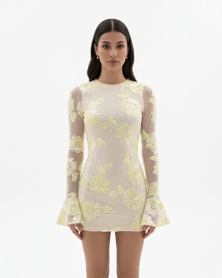 Womens Mini Dress Mesh Long Sleeve Open Back Flared Cuff