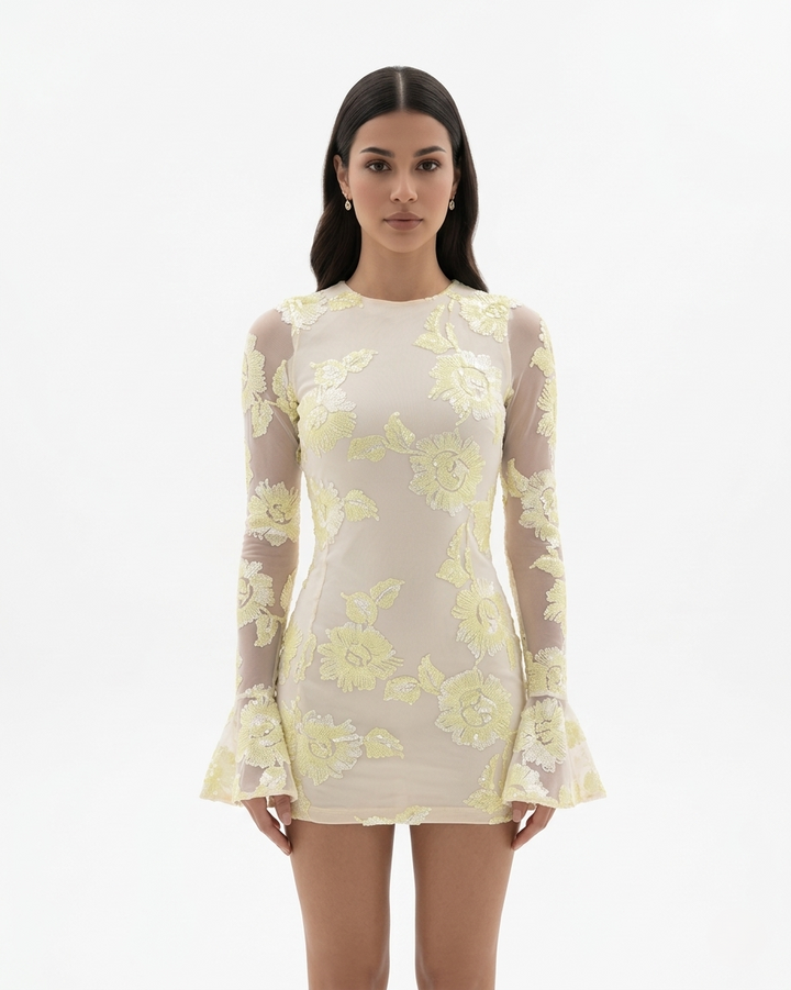 Womens Mini Dress Mesh Long Sleeve Open Back Flared Cuff