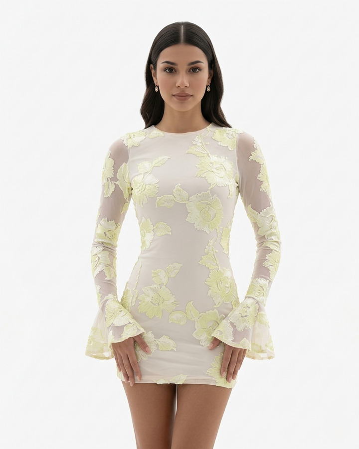 Womens Mini Dress Mesh Long Sleeve Open Back Flared Cuff