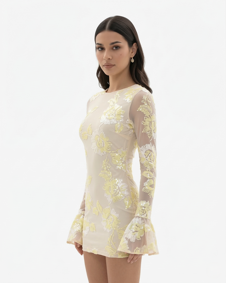 Womens Mini Dress Mesh Long Sleeve Open Back Flared Cuff