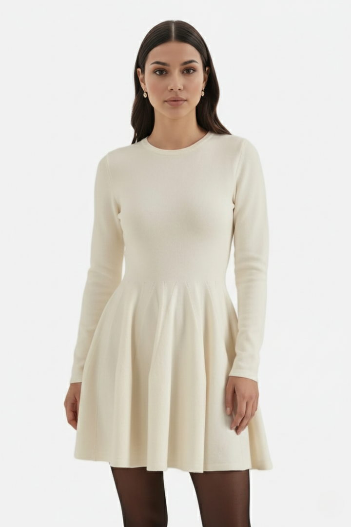Womens Knitted Skater Dress Long Sleeve Fit and Flare - Clovrio
