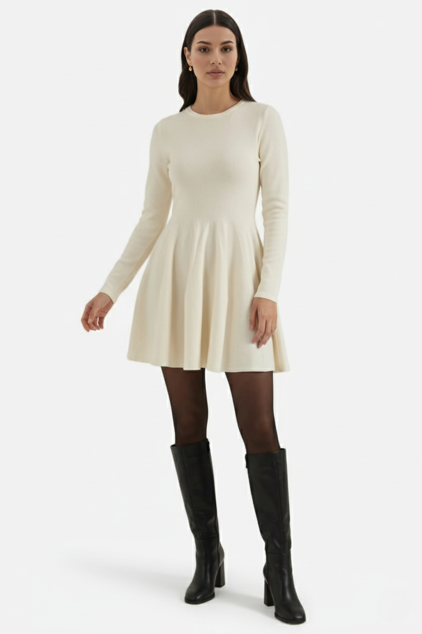 Womens Knitted Skater Dress Long Sleeve Fit and Flare