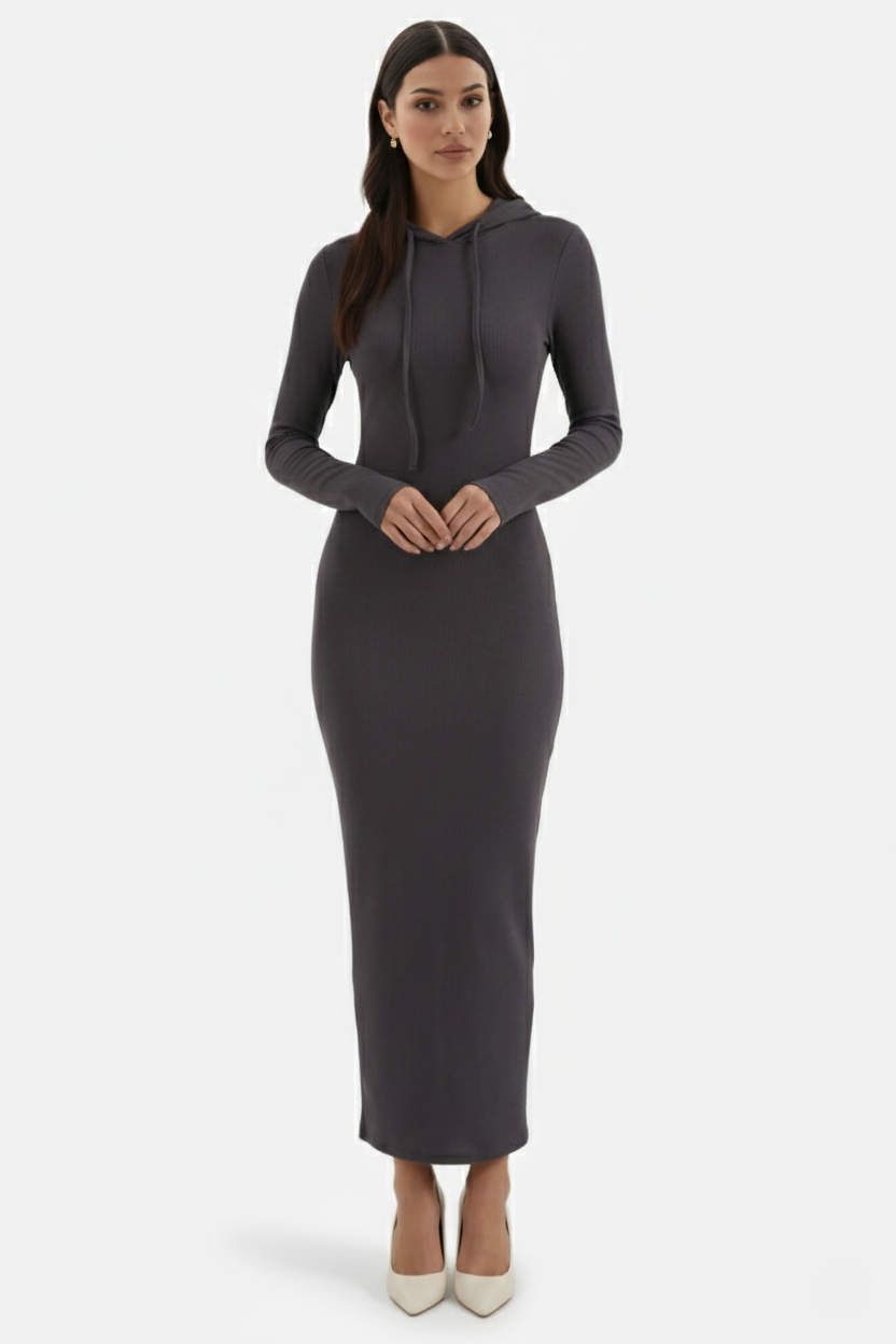 Womens Hooded Bodycon Maxi Dress Long Sleeve Casual