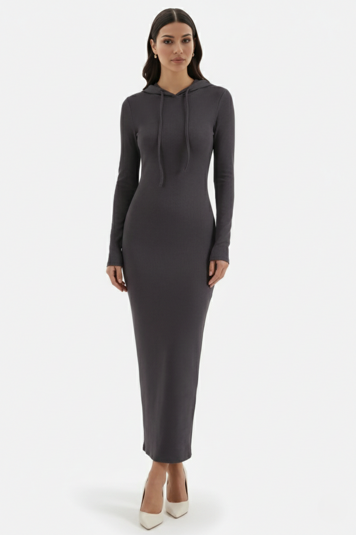 Womens Hooded Bodycon Maxi Dress Long Sleeve Casual