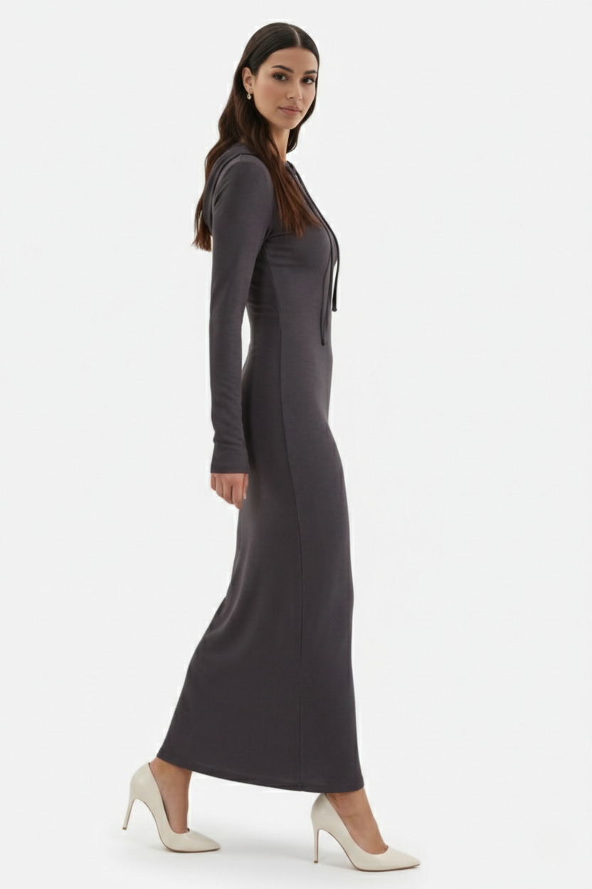 Womens Hooded Bodycon Maxi Dress Long Sleeve Casual