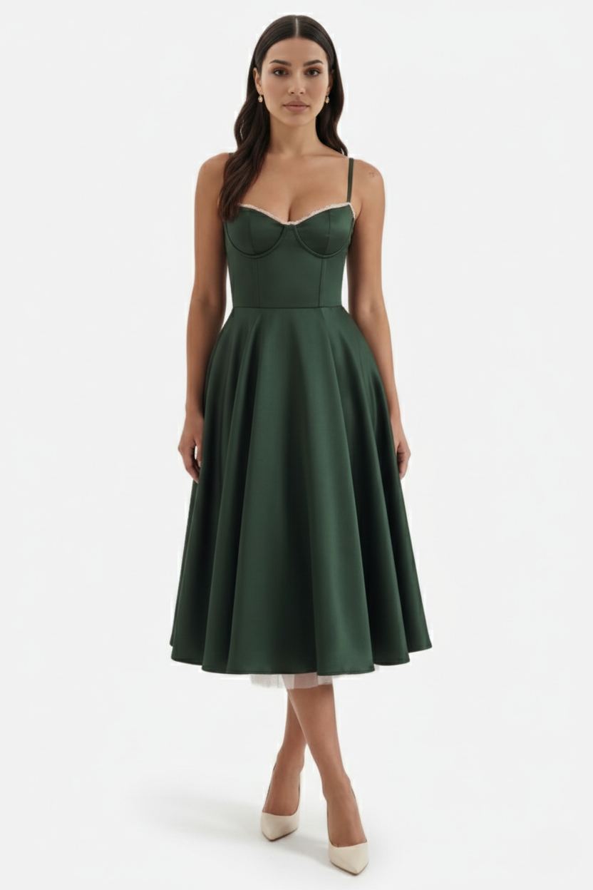 Womens Midi Dress Bustier Sweetheart Neckline Full Circle Tulle Hem