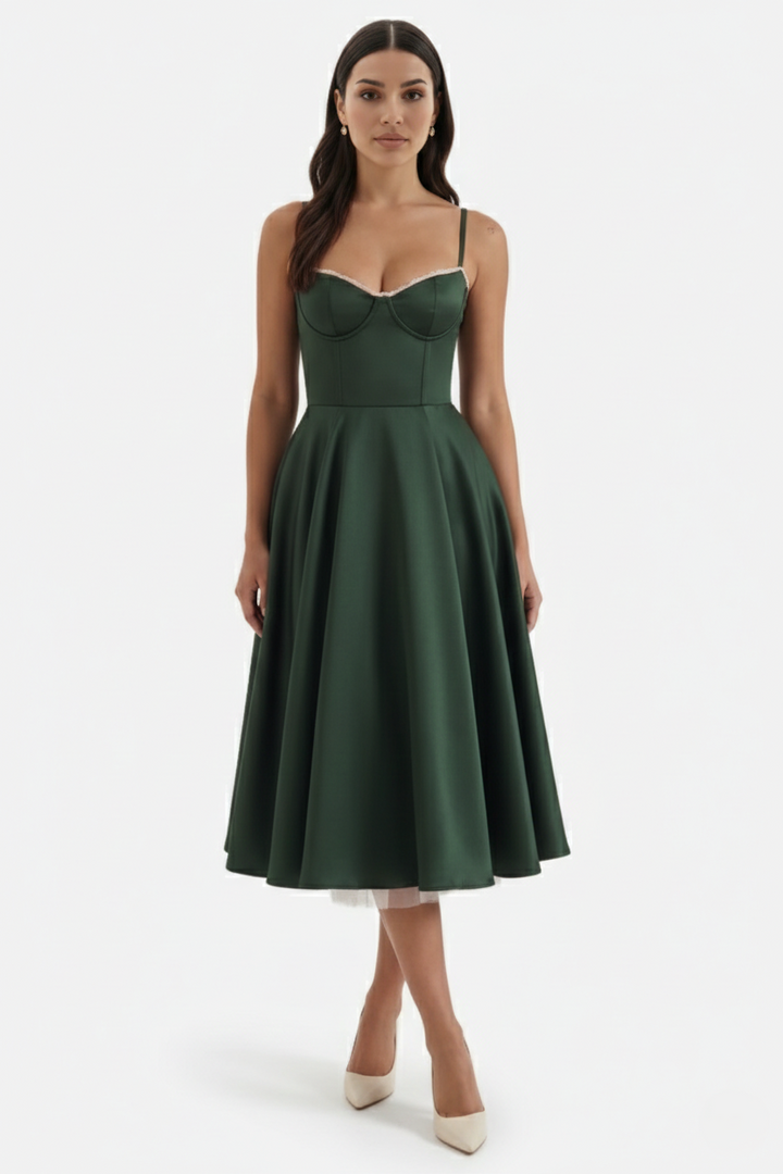 Womens Midi Dress Bustier Sweetheart Neckline Full Circle Tulle Hem
