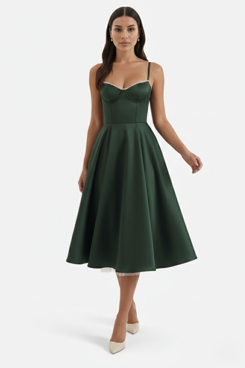 Womens Midi Dress Bustier Sweetheart Neckline Full Circle Tulle Hem
