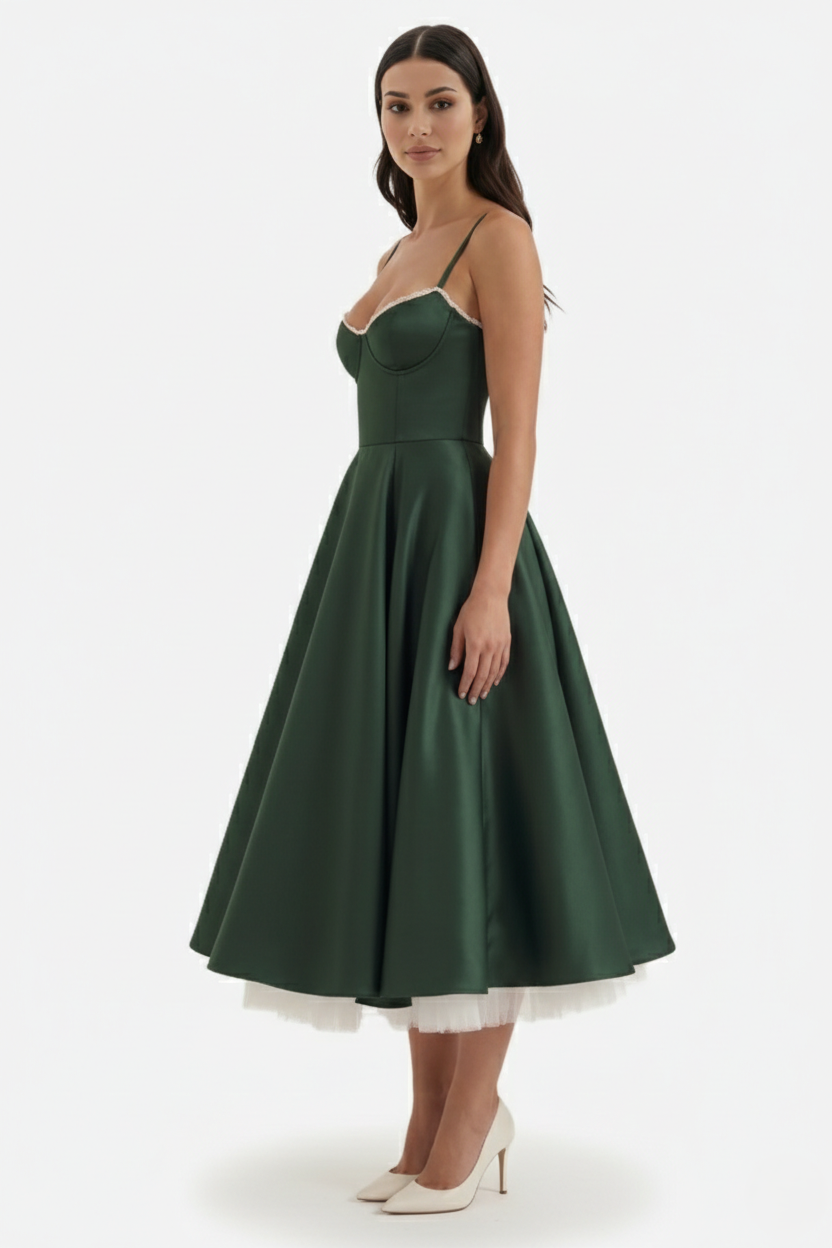 Womens Midi Dress Bustier Sweetheart Neckline Full Circle Tulle Hem