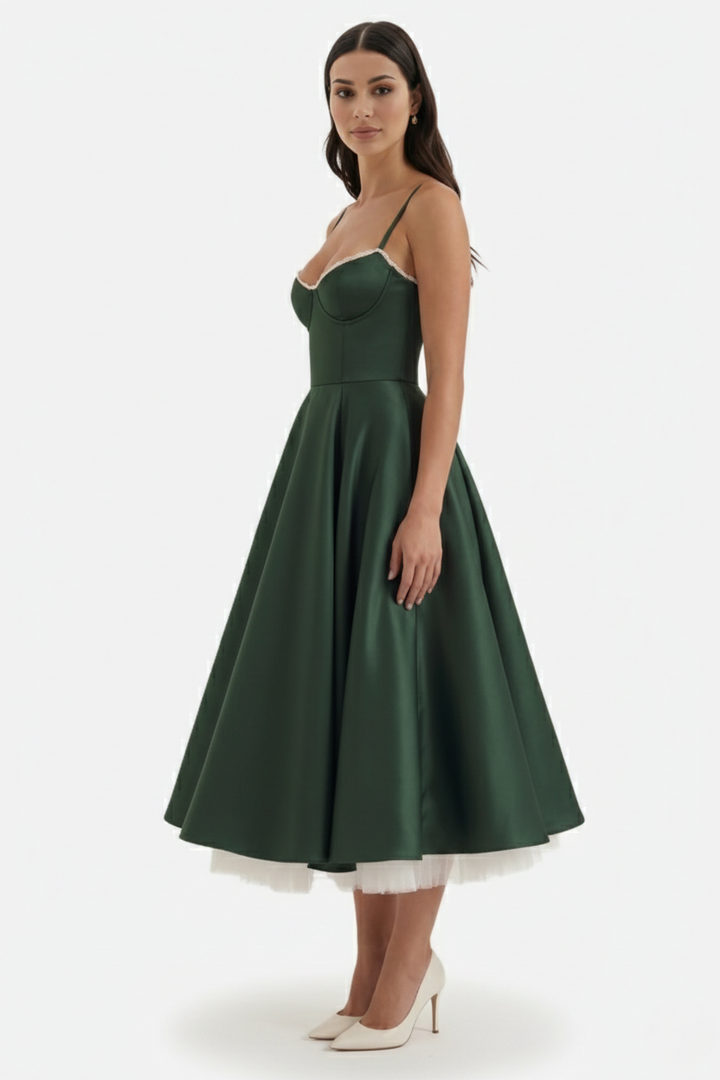 Womens Midi Dress Bustier Sweetheart Neckline Full Circle Tulle Hem