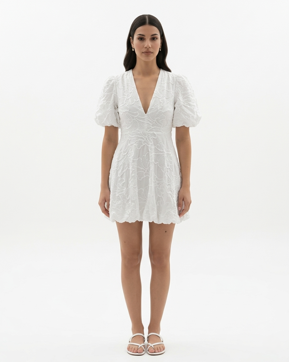 Womens Embroidered Mini Dress V-Neck Puff Sleeve A-Line