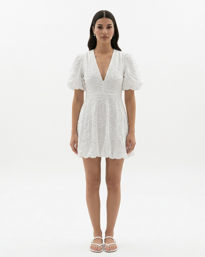 Womens Embroidered Mini Dress V-Neck Puff Sleeve A-Line