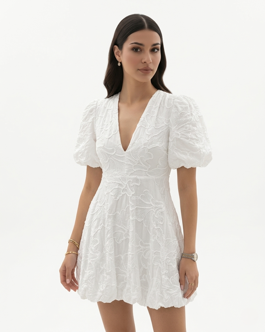 Womens Embroidered Mini Dress V-Neck Puff Sleeve A-Line