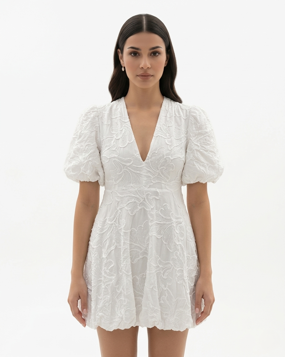 Womens Embroidered Mini Dress V-Neck Puff Sleeve A-Line - Clovrio