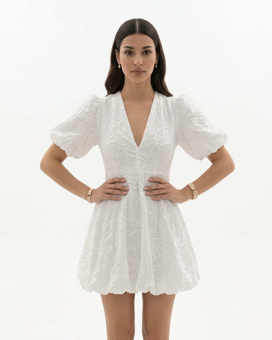 Womens Embroidered Mini Dress V-Neck Puff Sleeve A-Line