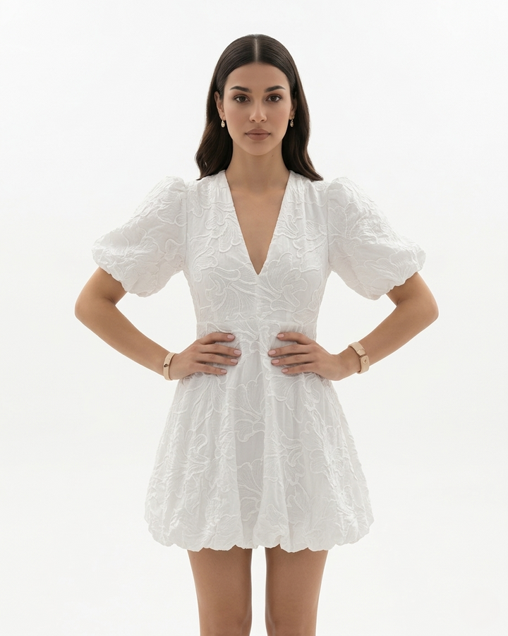 Womens Embroidered Mini Dress V-Neck Puff Sleeve A-Line