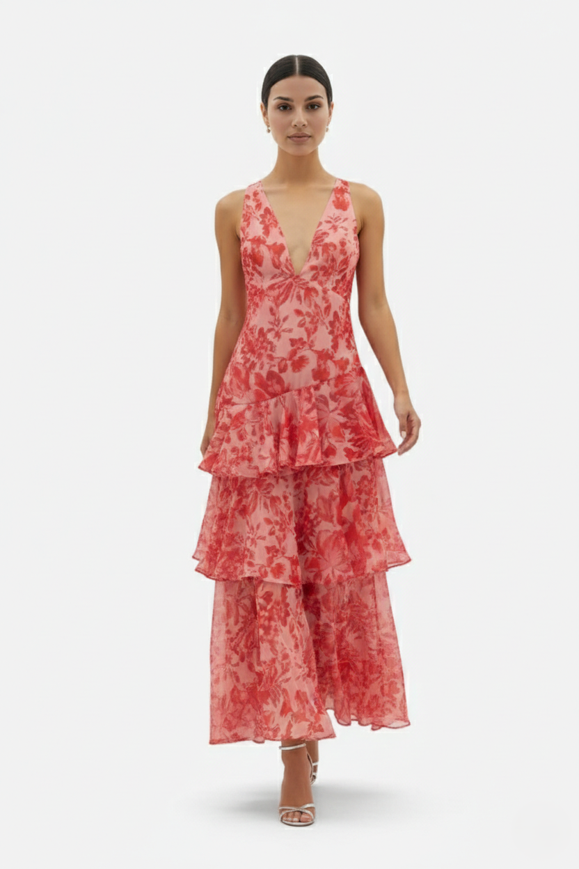 Womens Maxi Dress Chiffon Tiered Ruffle Deep V-Neck Adjustable Strap - Clovrio
